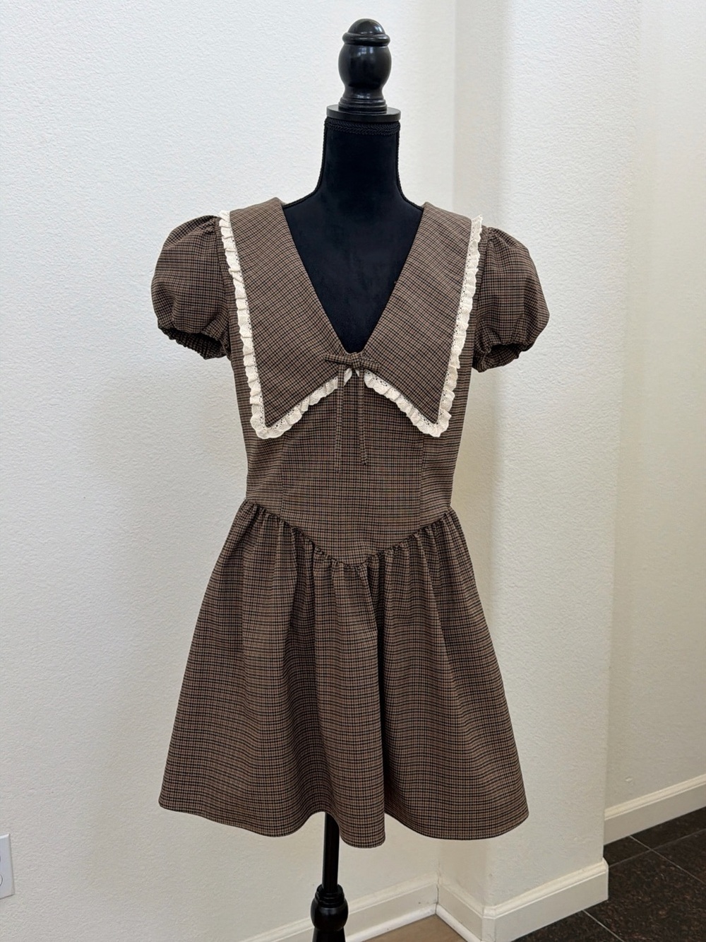 Zara Plaid Peter Pan Collar Puff Sleeve Mini Dress L